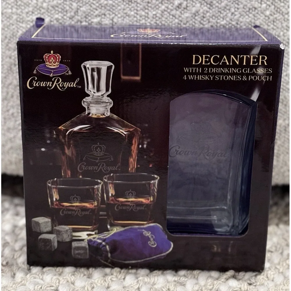 Crown Royal Decanter 750ml + 2 Drinking Glasses 10.5oz Perfect Gift For Him NEW